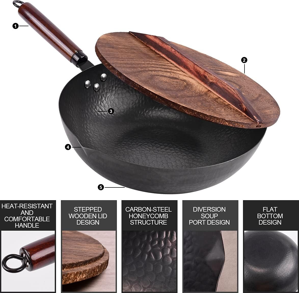 12.8" Carbon Steel Wok with 10 Cookware Accessories and Lid, Flat Bottom for Stovetops