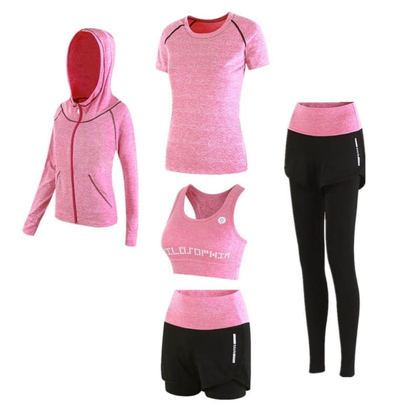 APEXFWDT Women's 5pcs Workout Outfits Athletic Sets Yoga Gym Fitness Exercise Clothes Legging Tracksuits Sport Suits,M,Pink