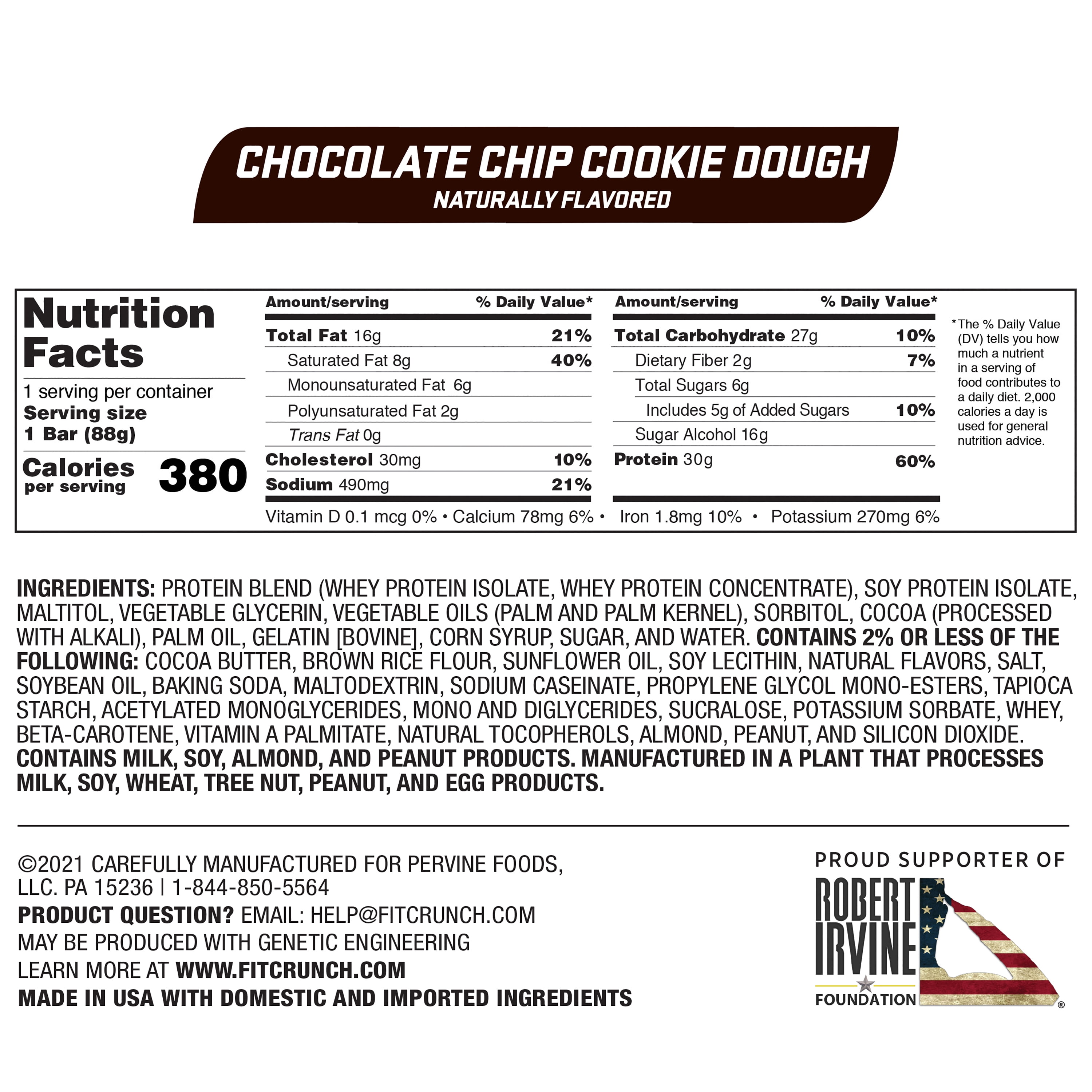 Fit Crunch Protein Bar, Chocolate Chip Cookie Dough, 30g Protein, 12 ct.