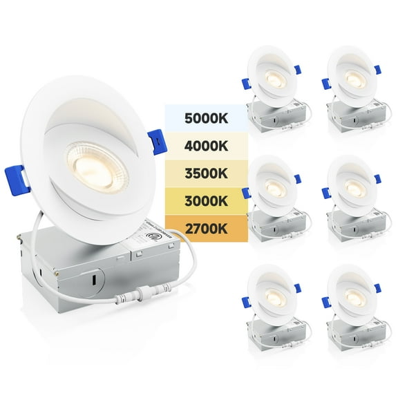 Ensenior 6 PACK 4 inch 5CCT LED Gimbal Led Recessed Light with Junction Box, 360° 90° Adjustable Directional Eyeball Lighting, Dimmable, 2700K/3000K/3500K/4000K/5000K, 950LM, 10W=85W-ETL&FCC