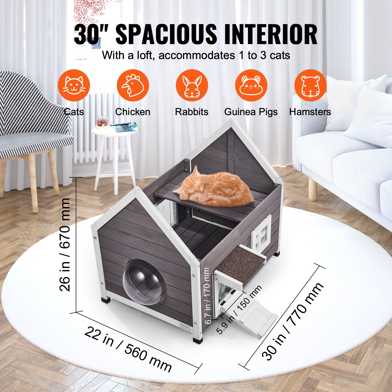 VEVOR Outdoor Cat House Weatherproof, Feral Cat Shelter for Multiple Cats, Outdoor Wooden Cat House with Large Side Door, PVC Door Flaps, Open Roof, Clear Window, 22"L x 30"W x 26"H