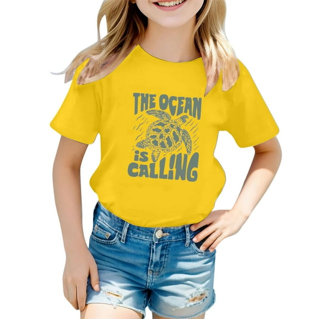Girls Tops Tees & Shirts Children's Casual Letter Pattern Print Multicolor Round Neck Short Sleeves for Youth Comfort and Style