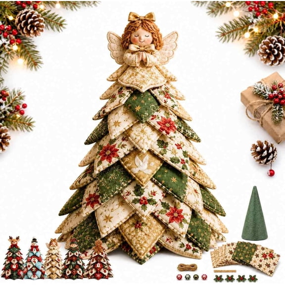 DIY Quilted Christmas Tree Kit, 3D Fabric Patchwork Craft Set, Pre-Cut Fabric Pieces, Foam Cone Base, Layered Assembly, 6 Holiday Designs, Quilting Craft, Handmade Tabletop Decor, Christmas Gift