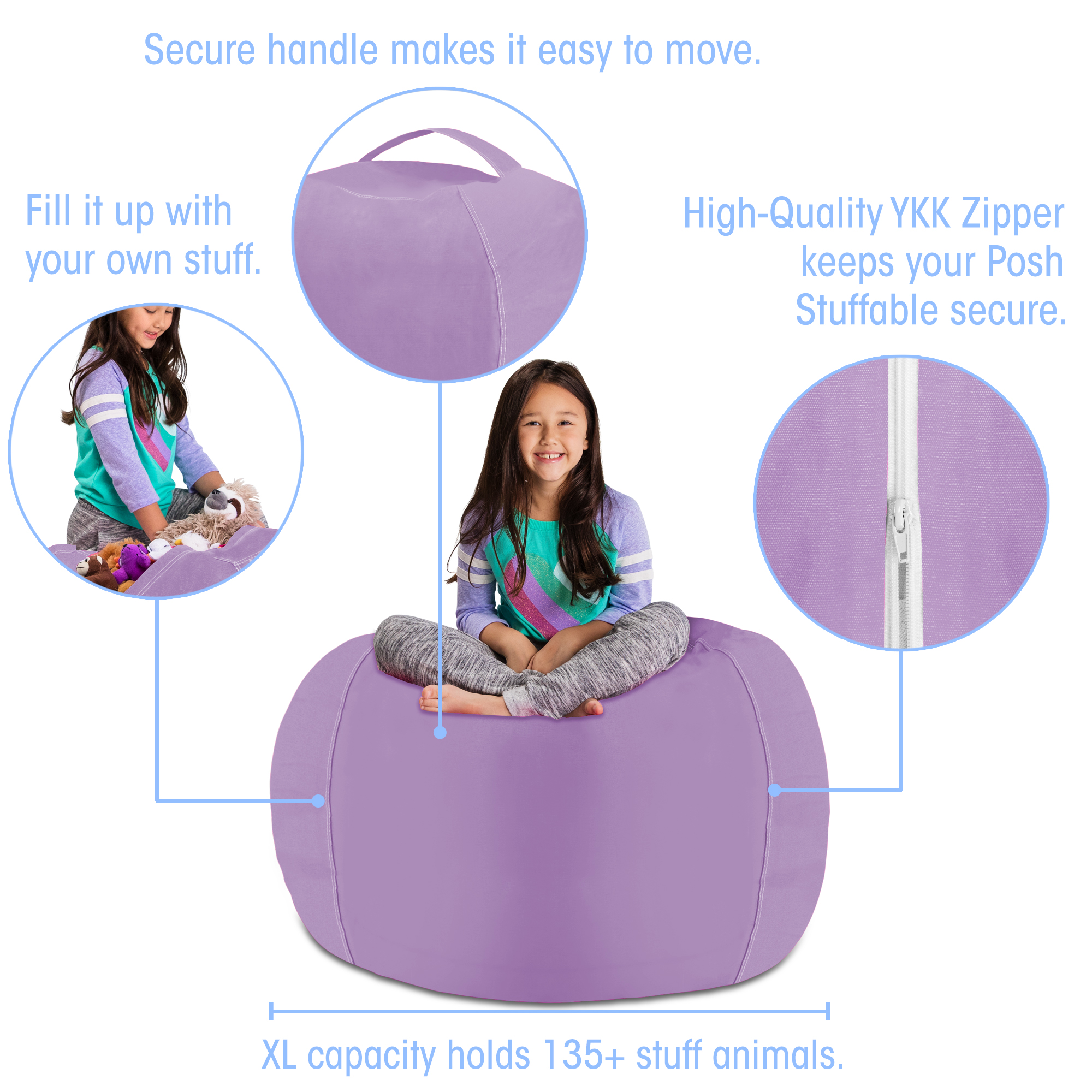 Posh Creations Bean Bag Stuffable Cover - Toy Organizer, Soft Cover, Kids, 4 ft , Purple