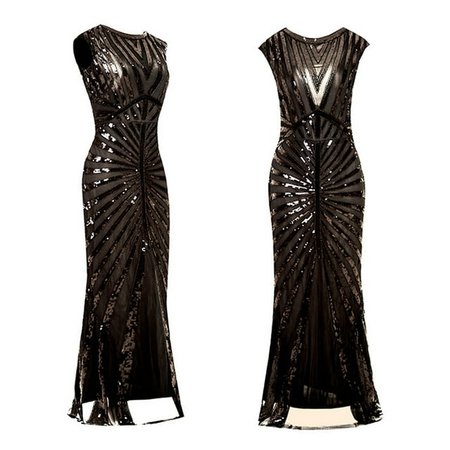 Prolriy Robe de Cocktail Robe Vintage pour Femmes Années 1920 à Sequins Perles Franges Robe de Soirée Sans Manches Longue Maxi Robe de Soirée pour Femmes Robe de Réveillon Nouvel An 2025 Noire P