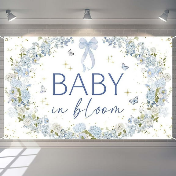Baby in Bloom Backdrop for Boy Blue Bow Floral Butterfly Baby Shower Photography Background Watercolor Wildflower Floral Newborn Birthday Party Decorations Banner Photo Booth Props