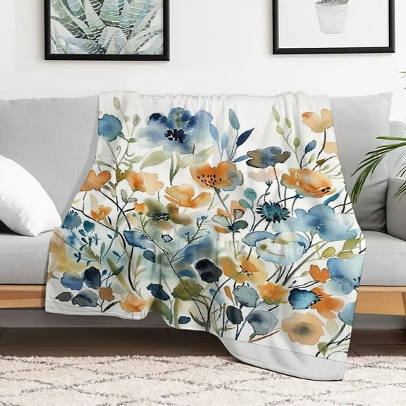 Creowell Flowers Blue Orange Flannel Blankets for Couch Bed Sofa Durable Soft and Warm Multifunctional Travel Camping Chair Gift Blanket All Season 30x40in