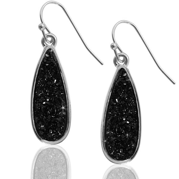 Humble Chic Black Druzy Dangle Earrings for Women - Boho Silver Teardrop Dangles