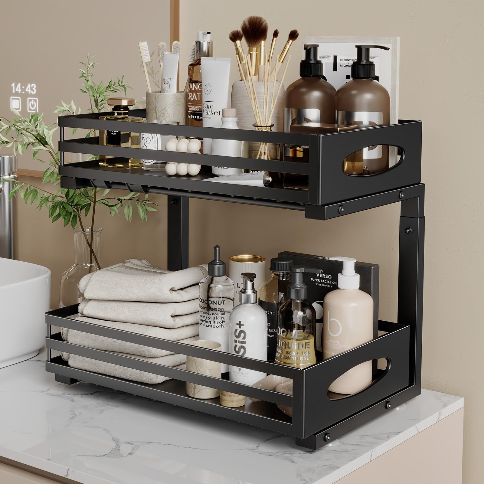 Under Sink Organizer 2 Tier Adjustable Height Slide Out Metal Cabinet Storage Drawer Shelf for Kitchen Bathroom White 1 Pack