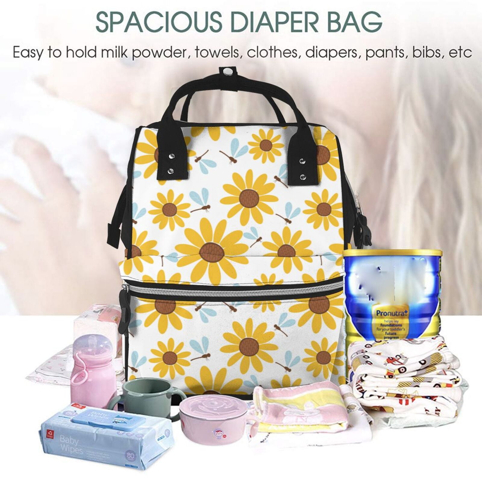 Fuzoiu Sunflowers Print Diaper Bag Backpack,Baby Essentials Travel Tote,Multi function Waterproof Diaper Bag, Travel Essentials Baby Bag - Unisex