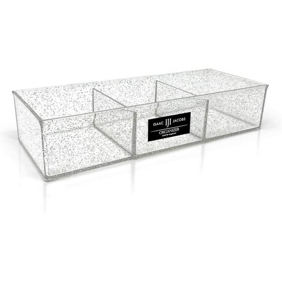 Isaac Jacobs Large 3-Compartment Acrylic Stackable Organizer 12.9" L x 5" W x 2.7" H, Multi-Sectional Tray & Storage Solution for Makeup, Craft Supplies, Bathroom, Kitchen, Office Silver Glitter