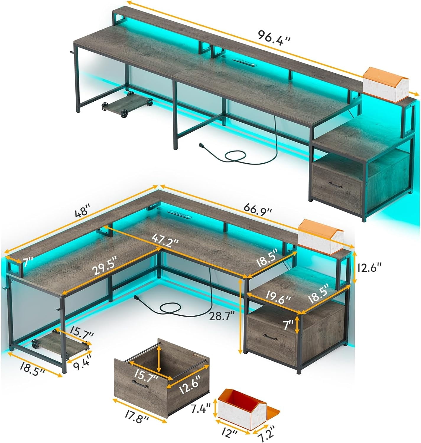 L Shaped Desk with Drawer and Power Outlet, 66" Home Office Desk Corner Computer Desk with Monitor Shelf, Printer Storage Shelves, Gaming Desk with Led Lights, Two Person Desk, Walnut