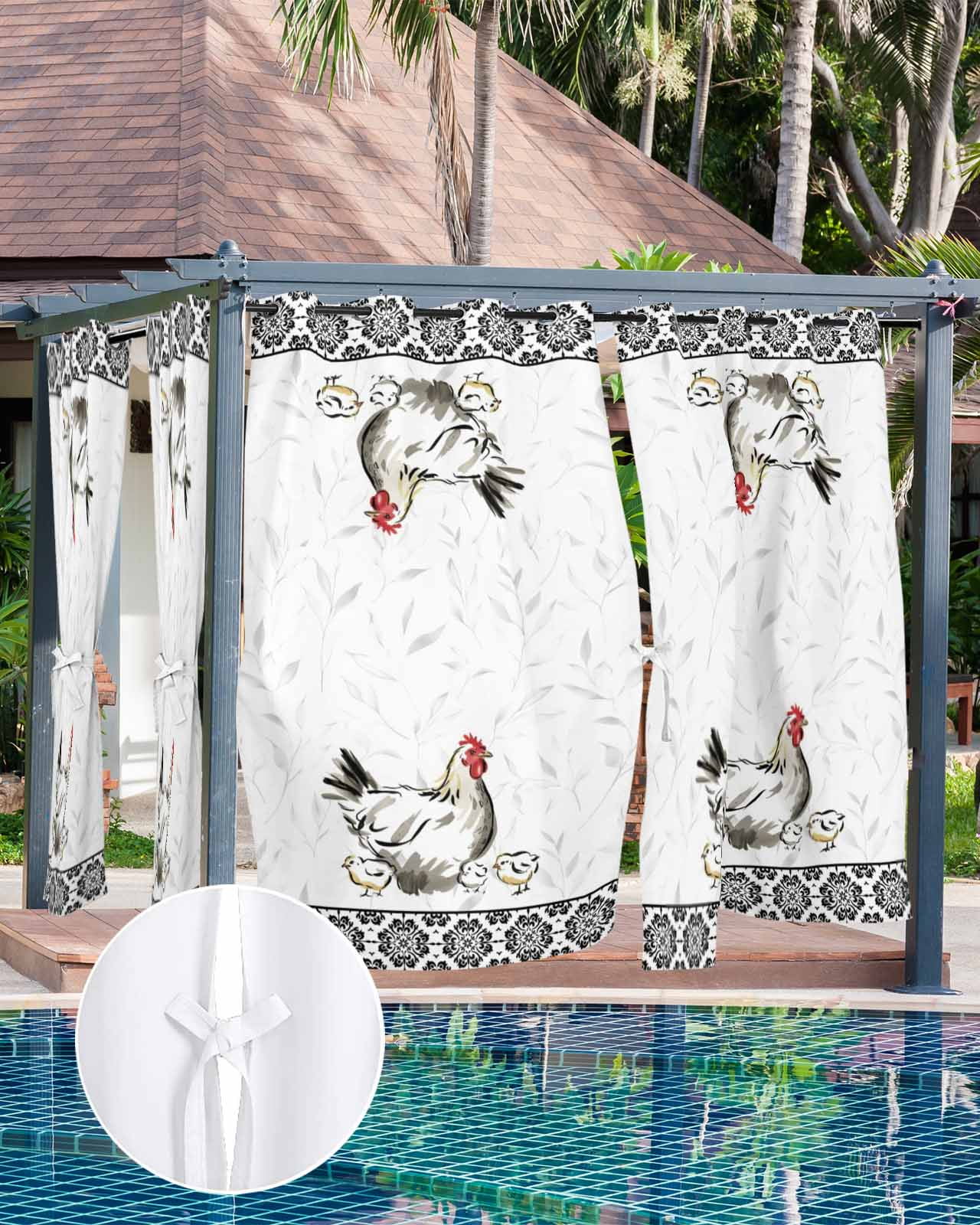 Chicken Outdoor Curtains for Patio, Farmhouse Country Animal Black Flower Leaf Privacy Drapes Grommet Waterproof Outside Curtains for Porch/Cabana/Balcony 54"x 95", 2 Panel