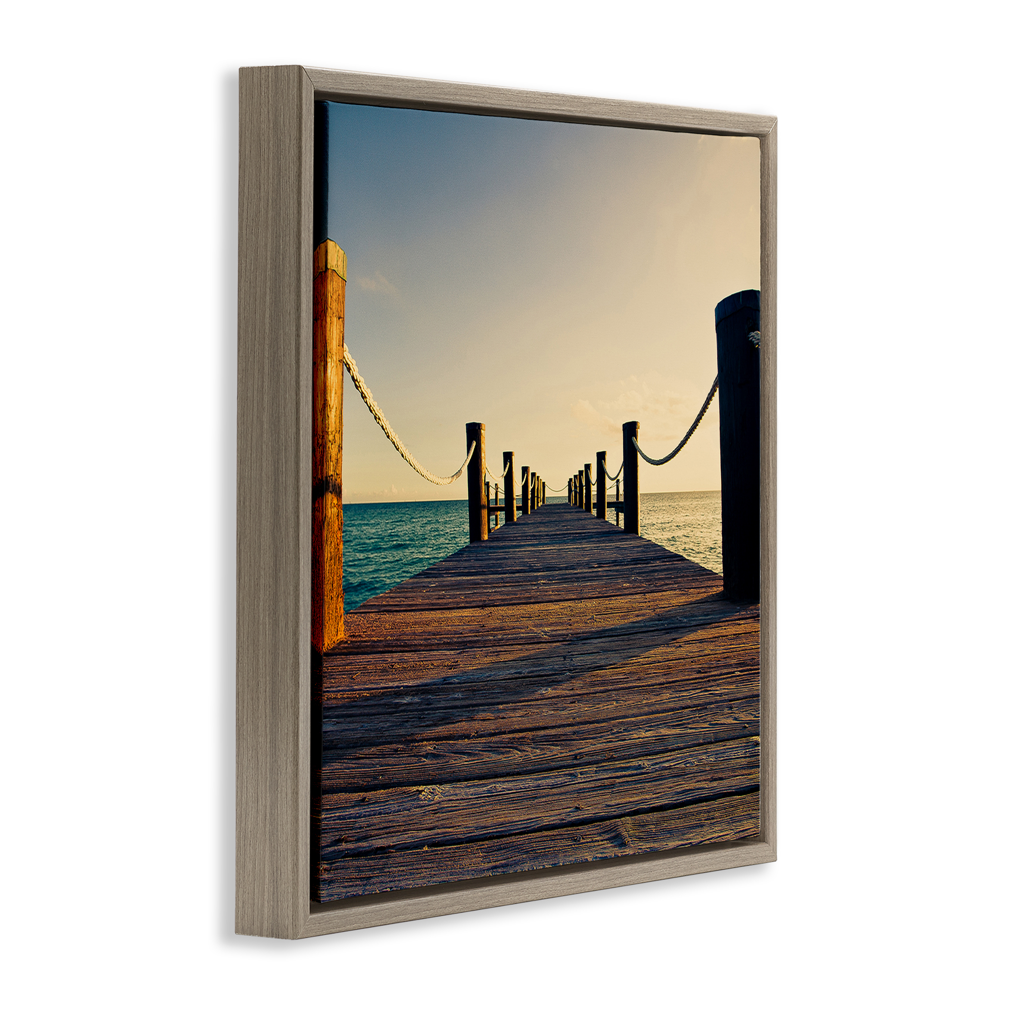 Stupell Industries Coastal Beach Dock Nautical & Beach Photography Brown Floater Framed Canvas Art Print Wall Art, 18 x 18