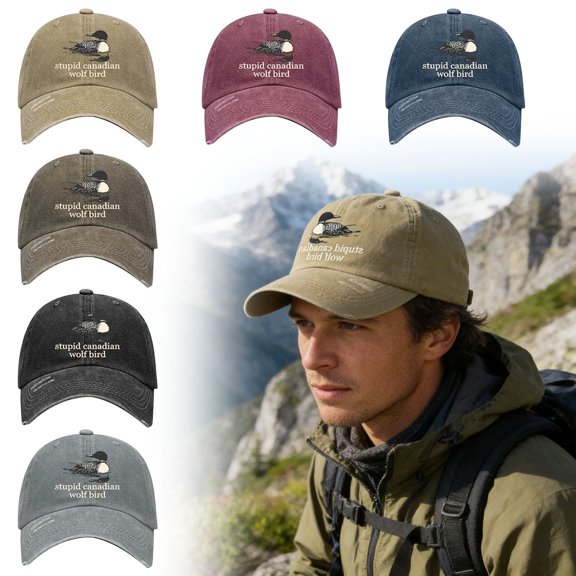 Funny Canadian Wolf Birds Pattern Hat Vintage Washed Adjustable Baseball Cap for Men Women #A