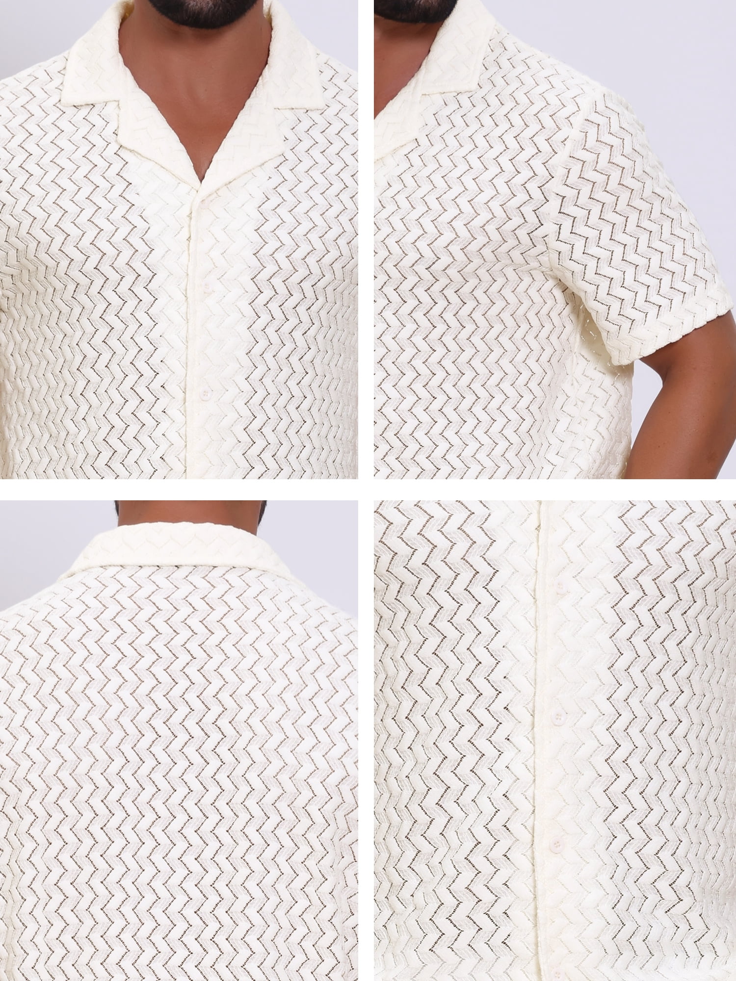 DARING DIVA Men's Hollow Jacquard Camp Collar Short Sleeve Beach Texture Shirts 2XL Beige