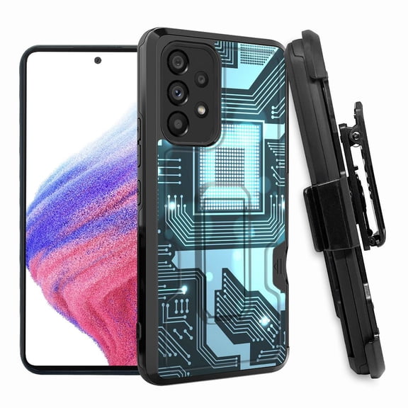 ANJ  Rugged Shockproof Hoster Case w/Card Slot, Kickstand   Tempered Glass Cover for Samsung Galaxy A33 5G - Teal Blue Circuit