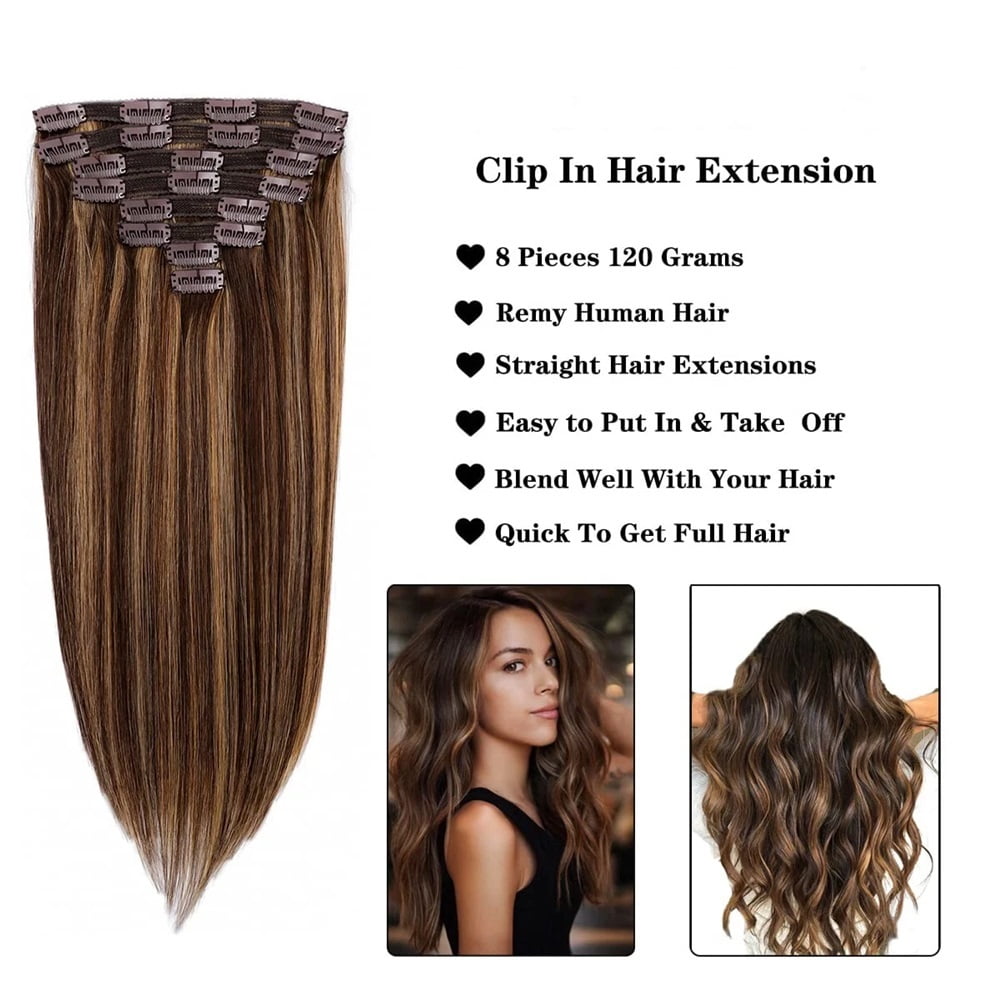 Highlight Color Hair Extensions #4/27 Clip In Straight Real Human Hair Double Weft 8 Pcs Clip Ins Extension