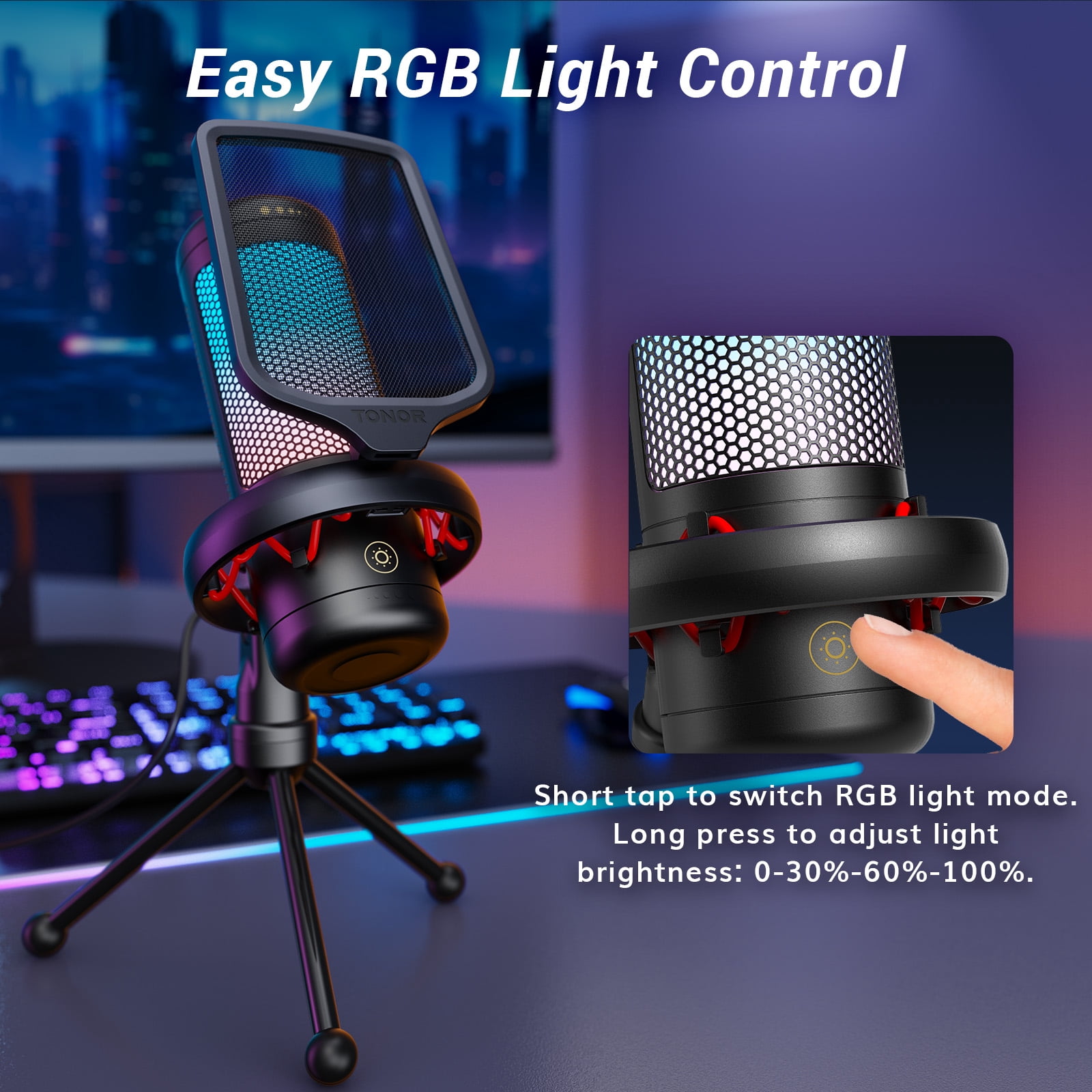 TONOR TC310 Gaming Microphone Type-C Plug, Desktop USB Microphone with RGB, Quick Mute, for Twitch, Streaming, Podcast, Studio Recording, Discord Chatting, 200 cm/78 inch Cable, Black