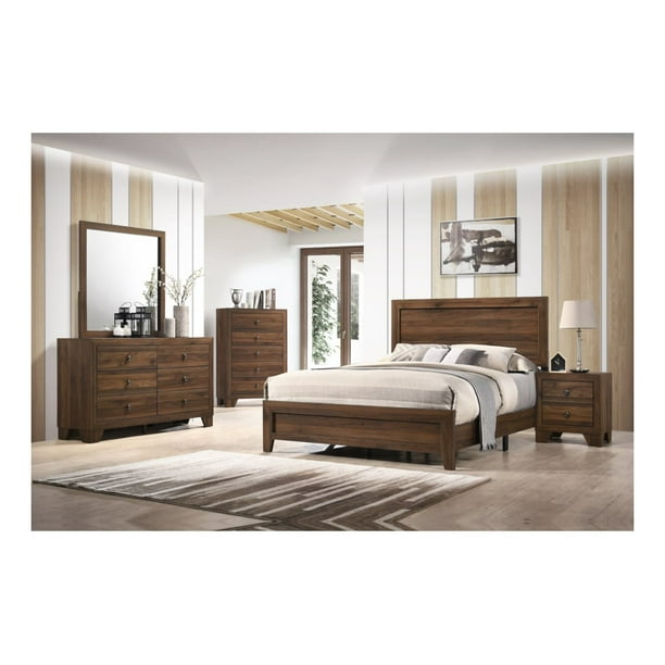 Traditional Brown Cherry Panel Bed Dresser Mirror Nightstand Set 4Pc King Size Bedroom Set