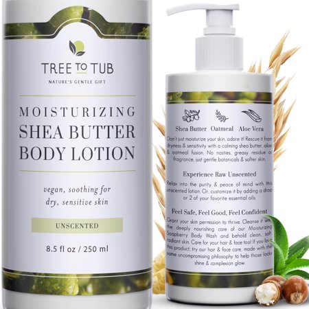 Tree To Tub Unscented Shea Butter Body Lotion for Dry Skin - Fragrance Free Lotion,Vegan Body Moisturizer, Good for Sensitive Skin for Women & Men