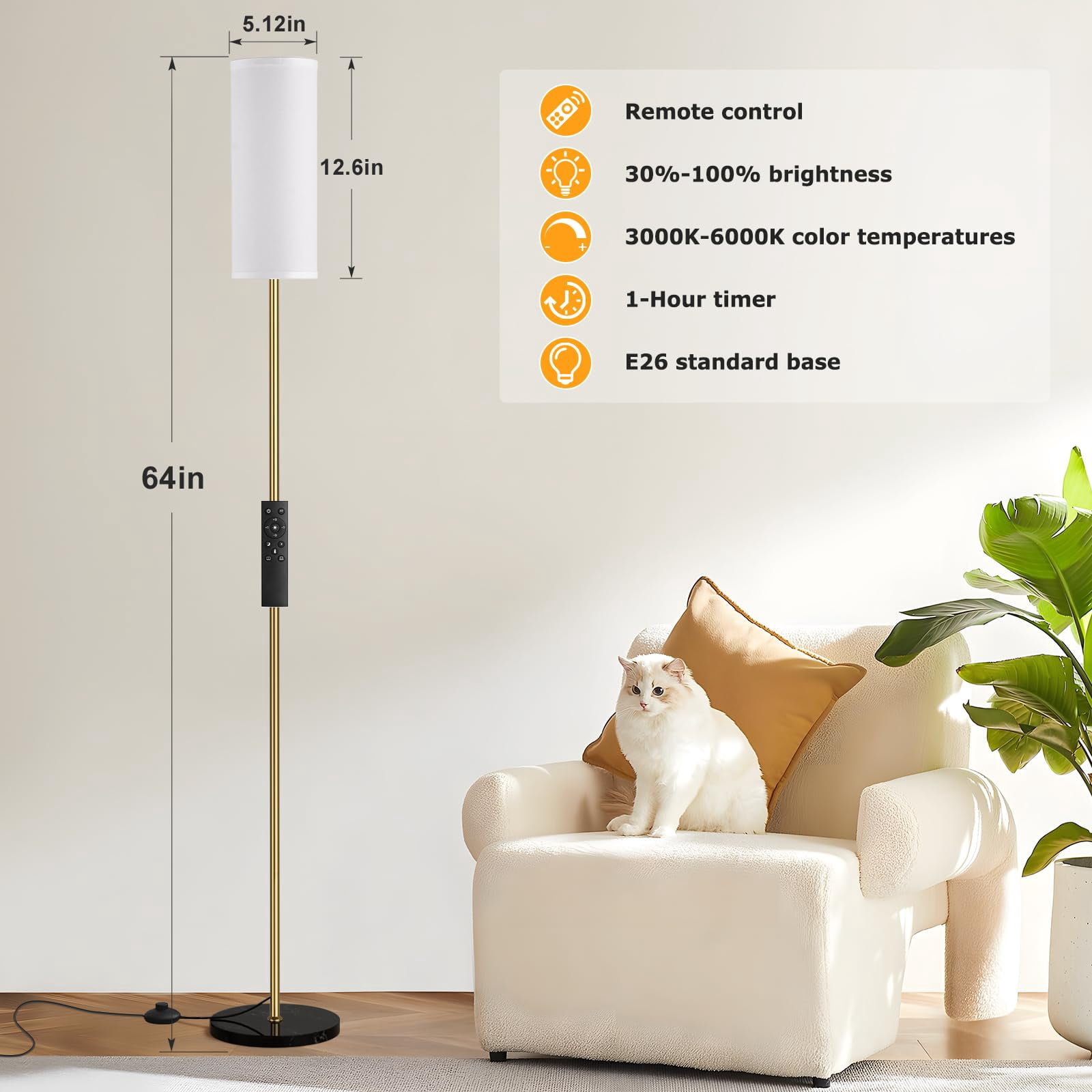 Floor Lamps for Living Room, 64" Modern Floor Lamp with Remote Control and Stepless Dimmable Colors Temperature & Brightness, Standing Lamps for Living Room Bedroom Office, 9W Bulb Included