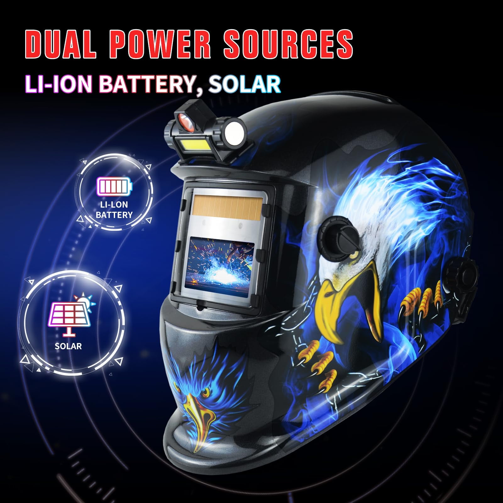 Welding Helmet Welding Hood Auto Darkening Solar Powered True Color Welding Mask 2 Arc Sensor Wide Shade 9-13 Flaming Skull Welder Helmet with Grinding Cut for MIG TIG ARC