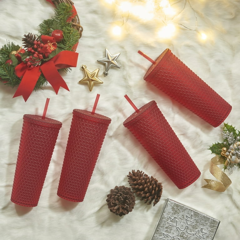 Mainstays 4pk 26oz DW AS Plastic Tinted Matte Textured Tumbler with Straw,  Red