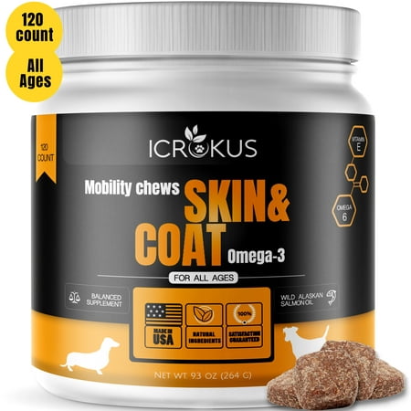 ICROKUS Skin and Coat Supplements for Dog with Wild Salmon Fish Oil Omega 3 for Dogs Allergy Support Itch Relief EPA & Dog DHA Grain Free Vitamins Chews Treat 120 (Best Way To Treat Oily Skin)