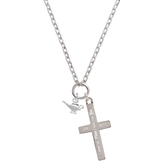 Delight Jewelry Silvertone Aladdin's Lamp I Have Plans for You Engraved Cross Zoey Necklace, 28"