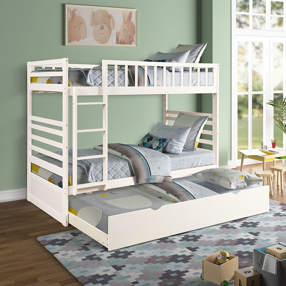 Kepooman Twin Over Twin Solid Wood Bunk Bed with Trundle & Ladder, White Kepooman Twin Over Twin Solid Wood Bunk Bed with Trundle & Ladder, White