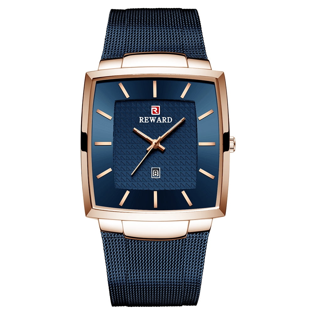 REWARD RD62009M Quartz Movement Men Watch 3ATM Waterproof Luxury Business Simple Wrist Watch Ultra Thin Rectangular Wristwatch for Men with Calendar Indicator Steel Strap Band