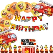 Fire truck birthday party decoration set - 6-piece firefighter-themed set in red, yellow, and orange colors, including balloons and cake toppers