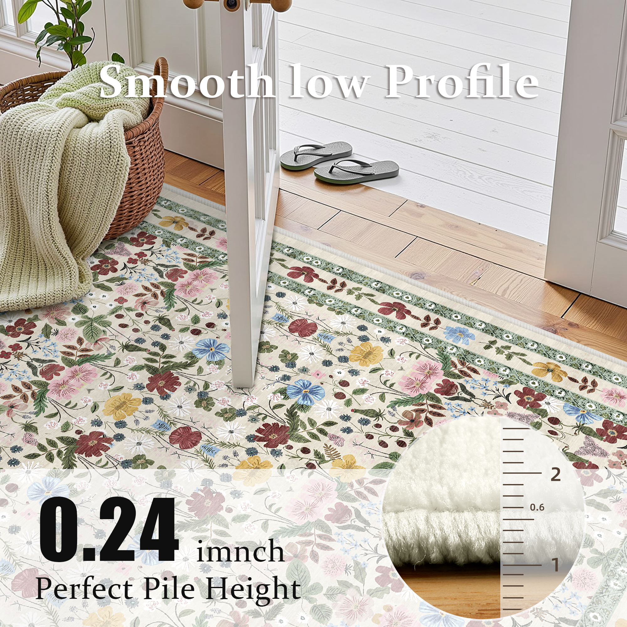 ATHOPE 6x9 Area Rugs for Living Room Bedroom, Floral Washable Soft Low Pile Rug with Non-Slip Backing, Large Vintage Distress Print Pattern Carpet, Beige Green Floral