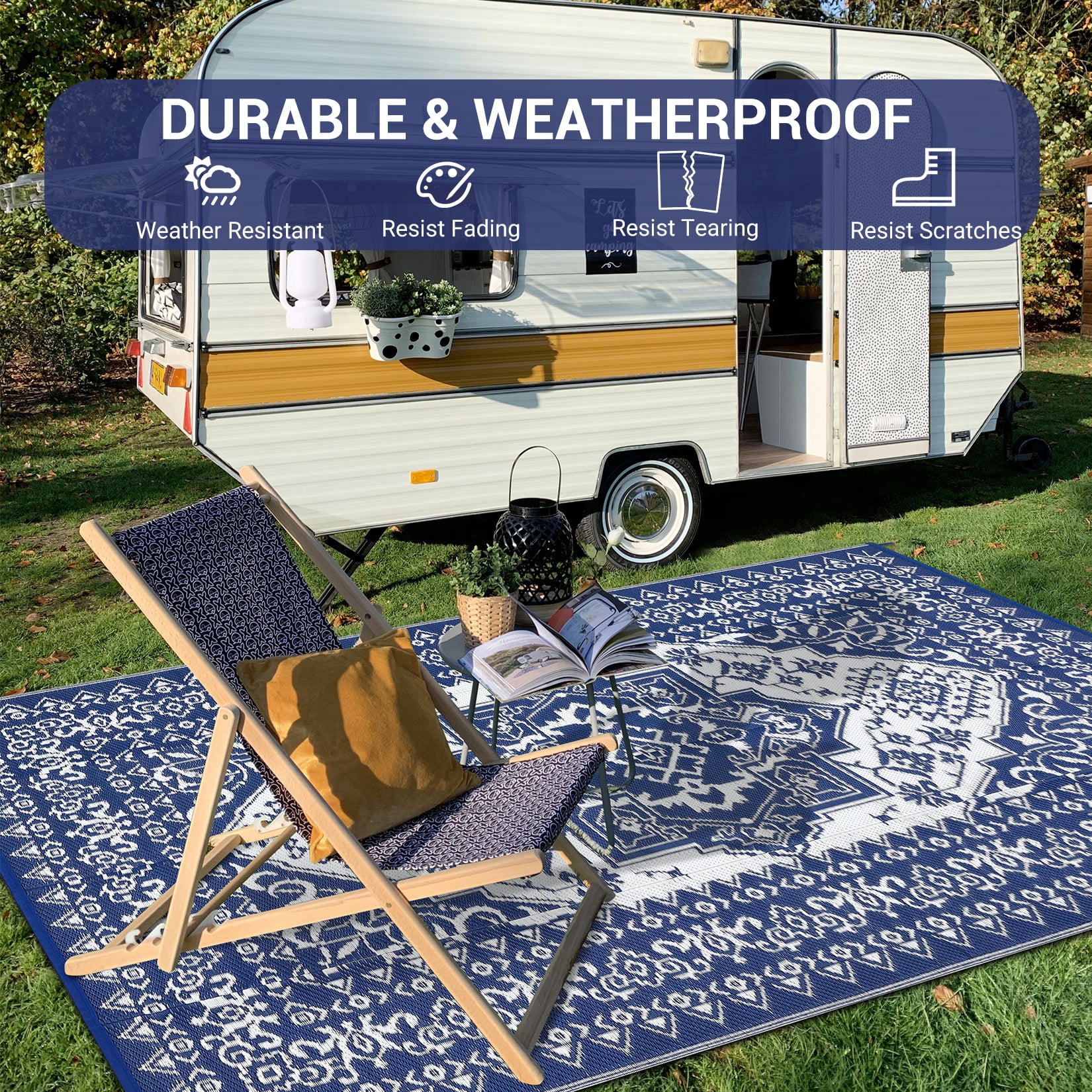 GlowSol 9x18 Outdoor Rug Waterproof Carpet Patio Rug Indoor Outdoor Area Rug Reversible Rug for Picnic Beach Deck-Outdoor, Dark Blue/White