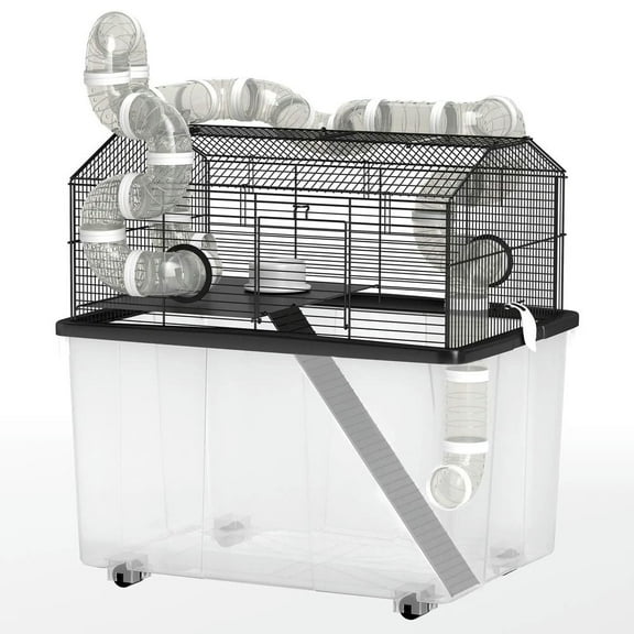 YYAo Hamster Cage, Guinea Pig Cages Mice and Rat Habitat,2 Tier Hamster Cage with 12" Deep Tray, Tube System, Water Bottle, Ramp, Feeding Bowl