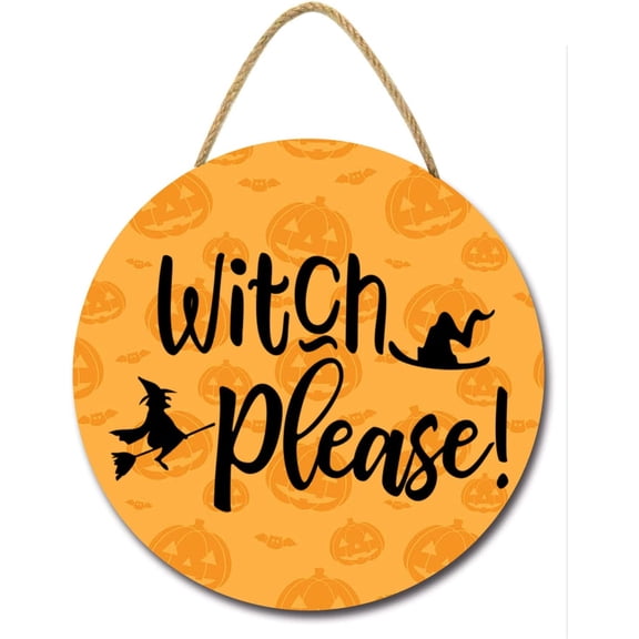Eveokoki 11" Witch Please Halloween Decoration Halloween Sign for Front Door，Round Wooden Hanging Wreaths for Home Wall Decor Halloween Day Party Decoration Outdoor Indoor