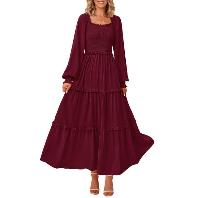 Vestido largo PRETTYGARDEN para mujer, estampado primaveral, rojo vino oscuro
