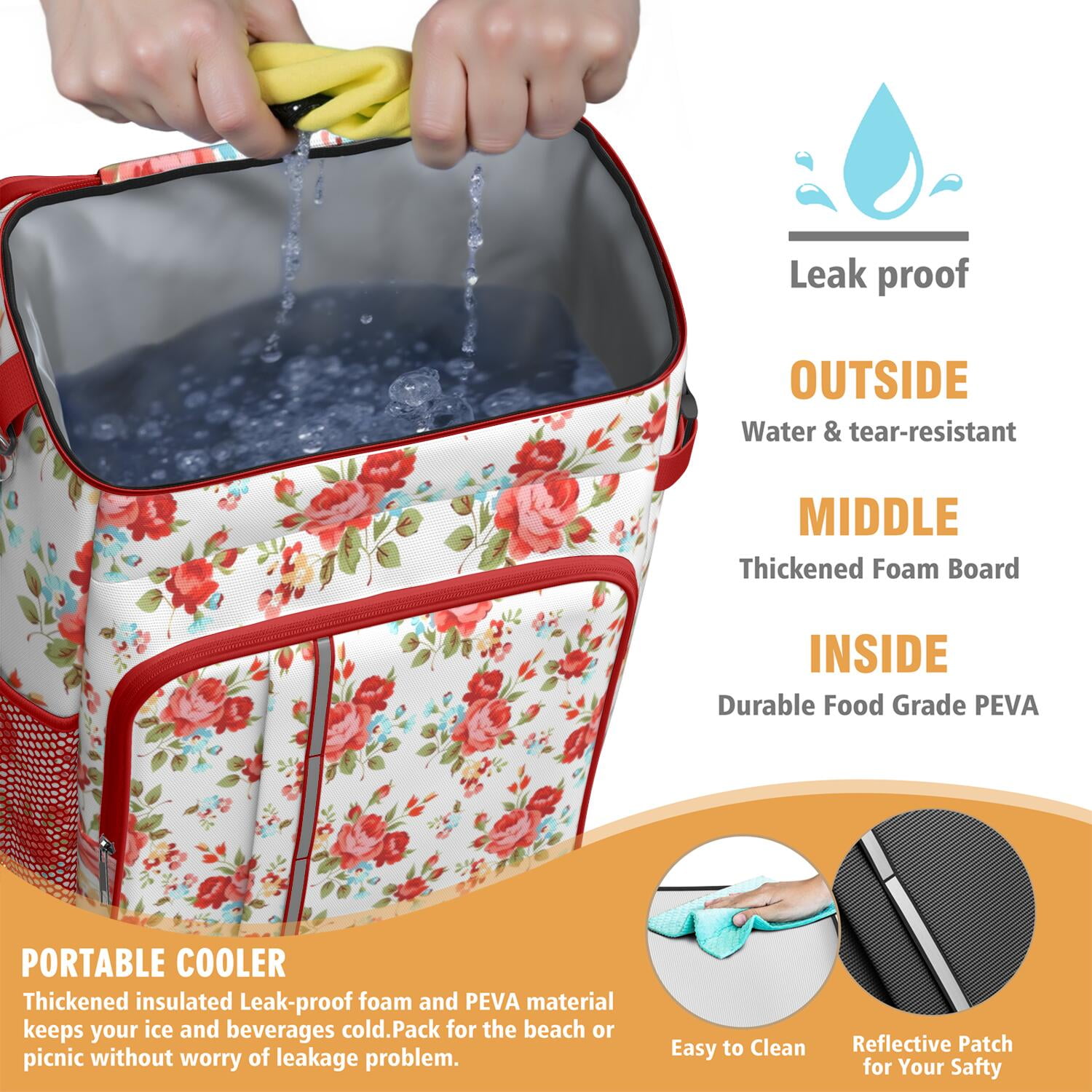 Travel Cooler Bag - Pioneer Flower Floral Print Pattern Camping Beer Cooler Backpack with Bottle Opener- Waterproof Insulated Picnic Backpacks - Cooler Bag for Beach