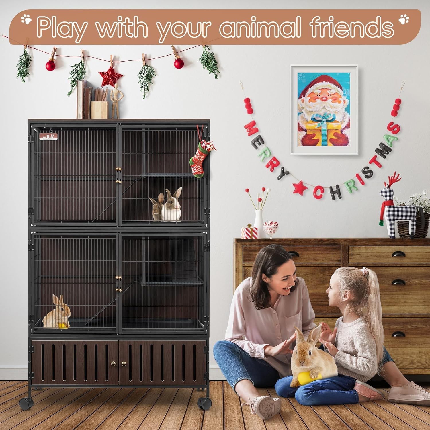 Juiluna 60" Large Metal Ferret Cage, 3-Level Chinchilla Cagewith Wheels, Multi-Level Small Animal Habitat for Chinchilla/Guinea Pig/Rats, Lockable Doors, Ramps, Hammock & Storage Cabinet (Black)