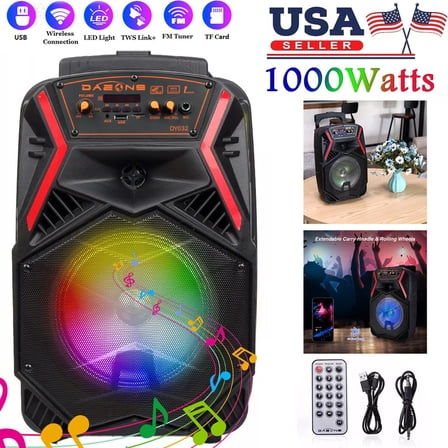 Curuk 8" Wireless Bluetooth Party Speaker, 1000W Peak Power Portable PA System with Heavy Bass Subwoofer, LED Lights, FM Radio, Remote & USB Rechargeable