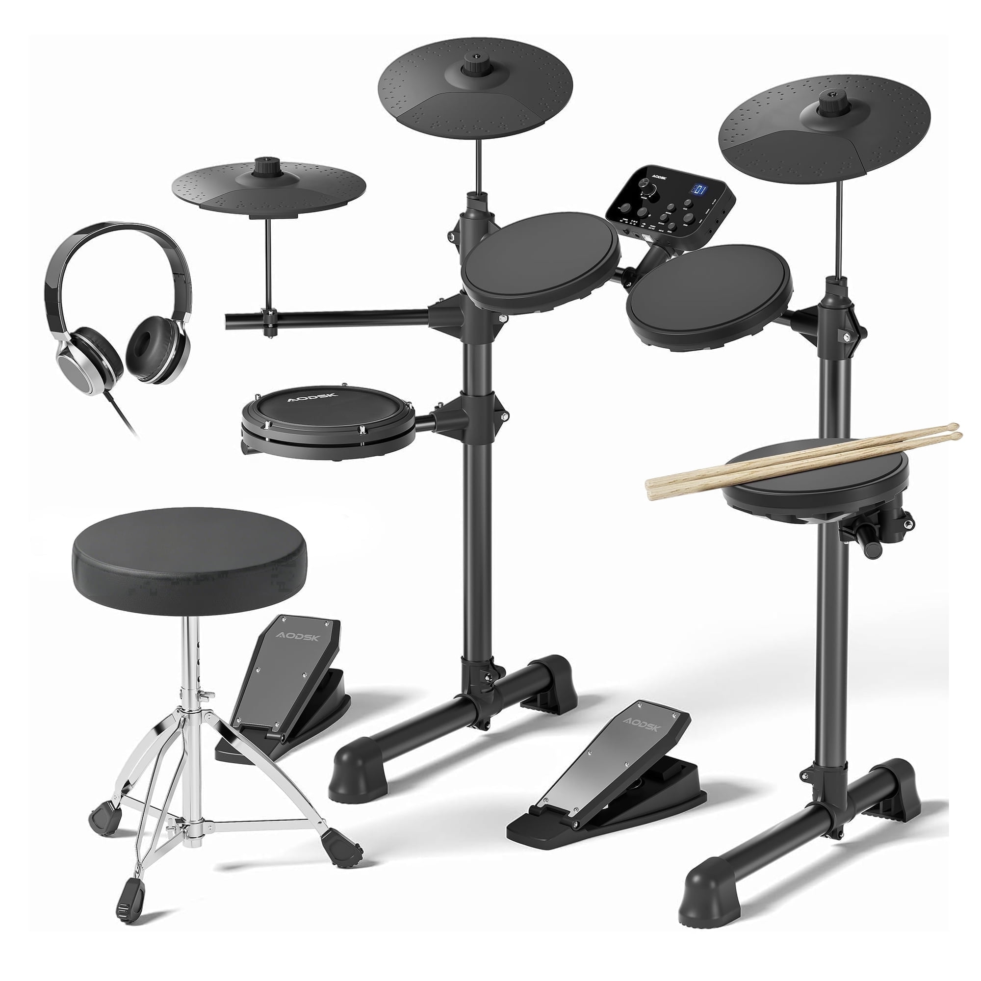 AODSK Electric Drum Kit with Throne, 150 Sounds, 4 Quiet Pads, 3 Cymbals, 2 Pedals, Portable