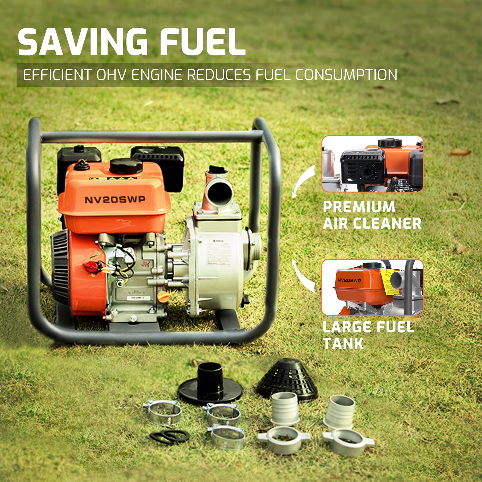 NOVUS Semi Trash Pump 2 inch, Gas Powered Water Pump for Pond Pool Draining Gardening Irrigation 141 GPM 100ft Lift 23ft Suction, EPA Certified