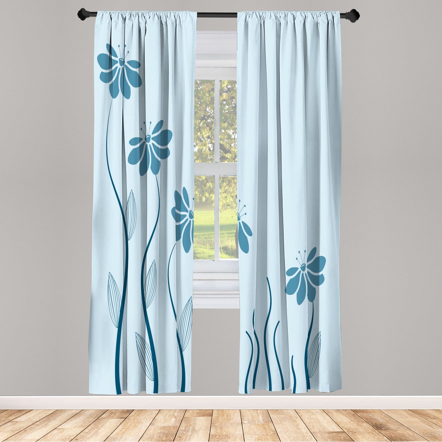 Flower Window Curtains, Floral Petals with Striped Leaves and Lines