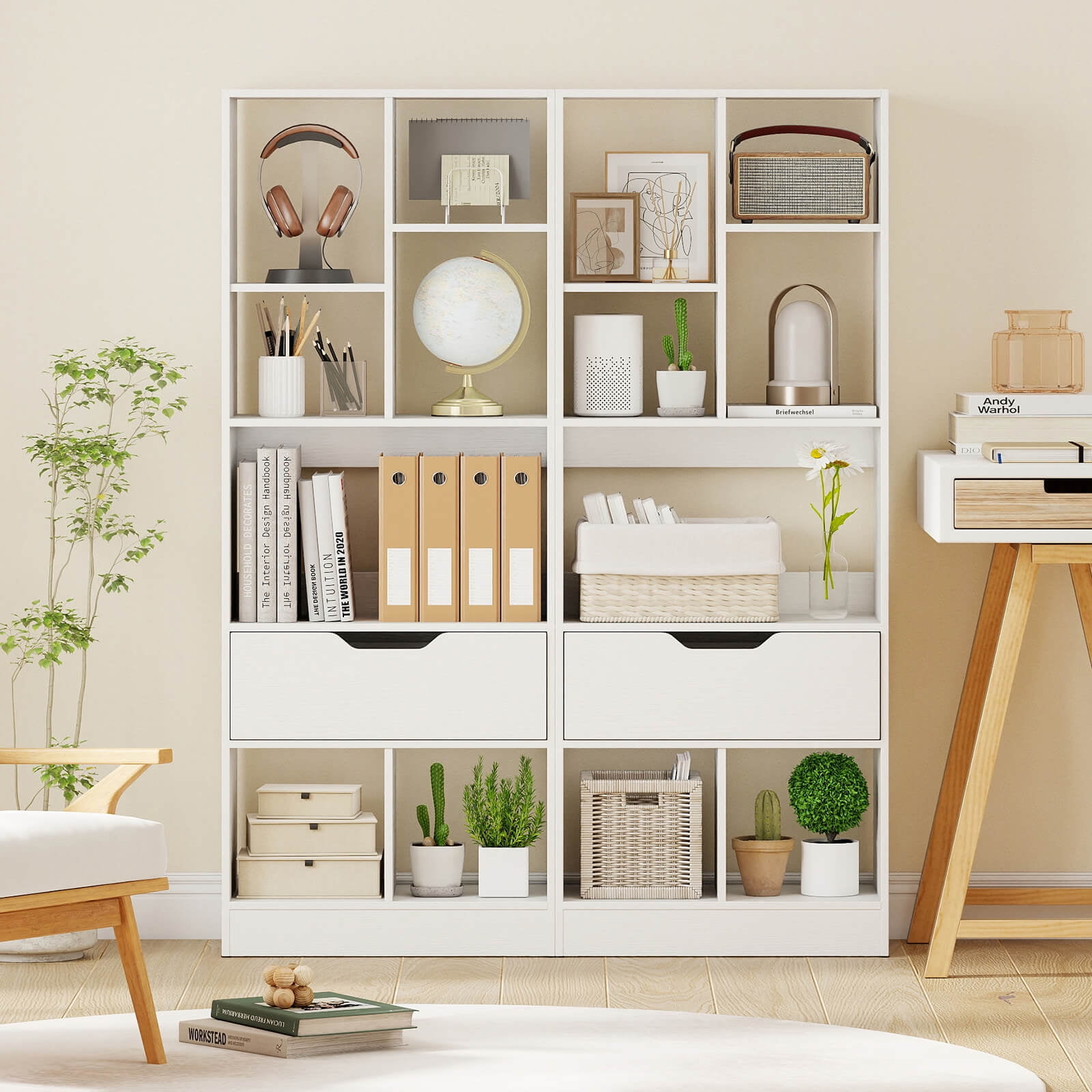 Costway 2 PCS 51” Tall Bookcase with Drawer 7 Open Cubes Anti-toppling Kits for Study Home White