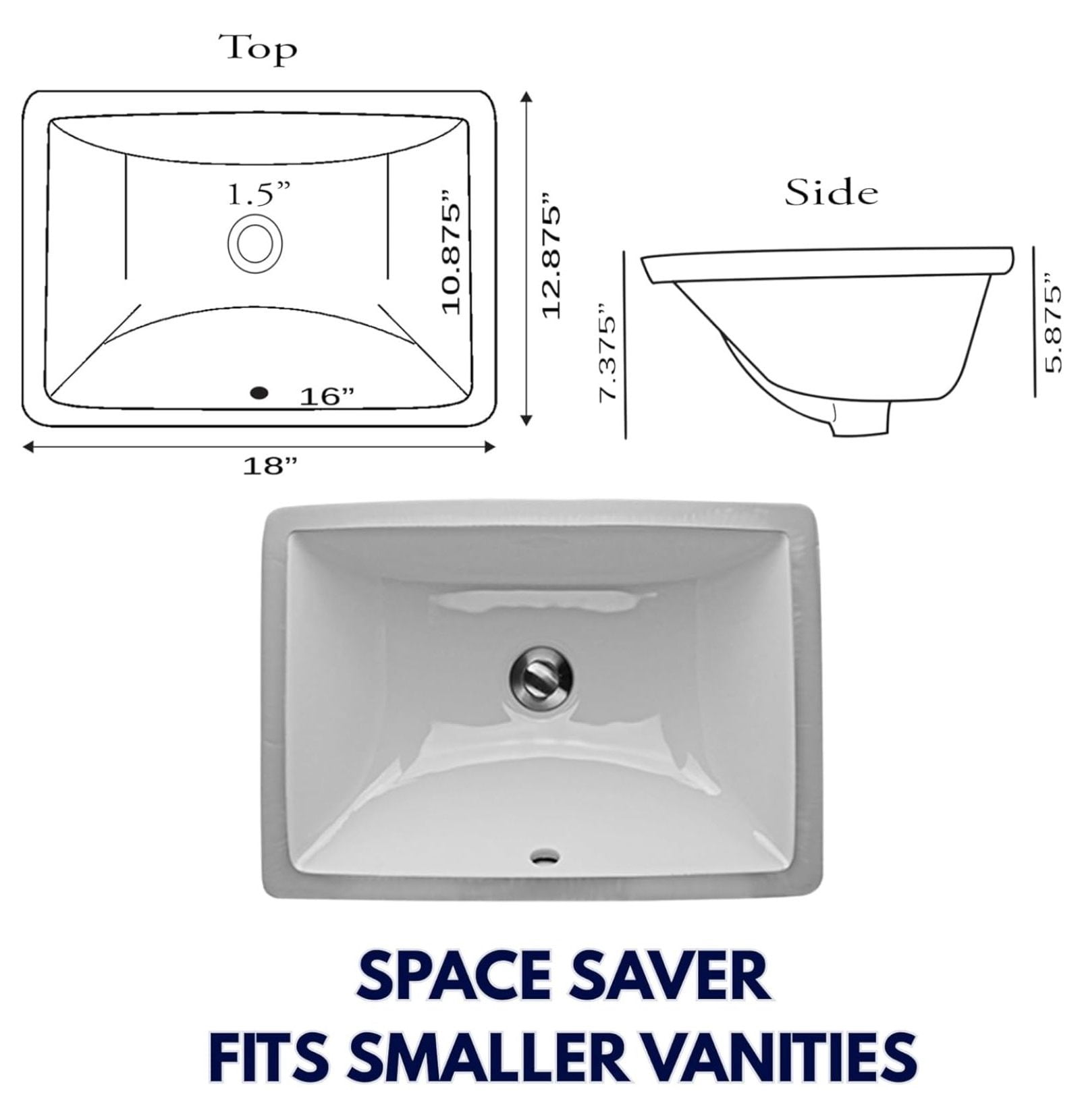 UM-16x11-W, White Undermount Bathroom Sink – 16" x 11" Bath Vanity Sink, Rectangular Bowl, w Overflow, High Gloss White Vitreous China, Scratch & Stain Resistant – Great Point