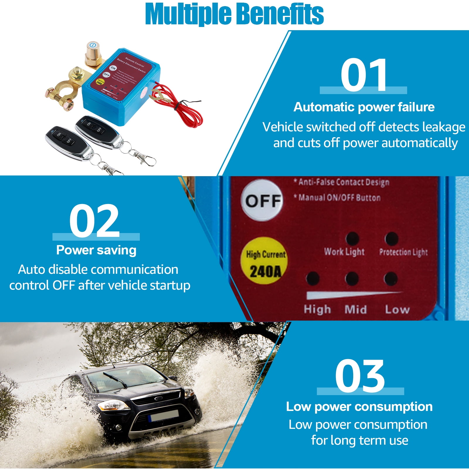 OKYMOTOR Remote Battery Disconnect Switch 12V 240A,Upgrade Smart Voltage Kill Switch Anti Theft Car Battery Cut Off Switch Remote Battery Kill Switch for Car RV Boat Truck
