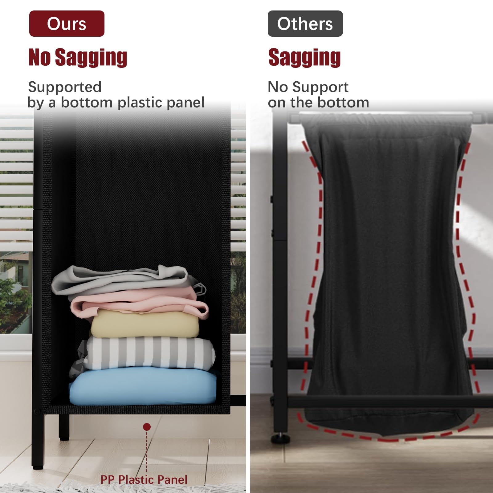 Double Compartment Laundry Basket, Laundry Sorter with Top Shelf, 2 Removable Washable Bags, Side Pockets, Black & White