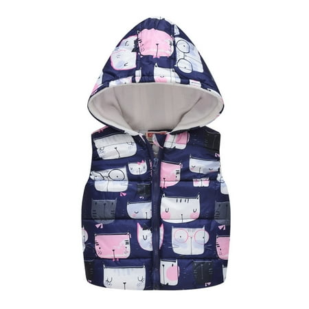 

BIZIZA Toddler Baby Vest Zip Up Thicken Hooded Sleeveless Cartoon Print Padded 1-6Y Chlid Tops Dark Blue 130