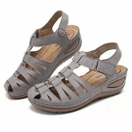 

Lyinloo Summer Women Ankle Strap Casual Outdoor Hollow Wedge Shoes Sandals Gray 37